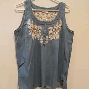 Denim style tank with lace detail